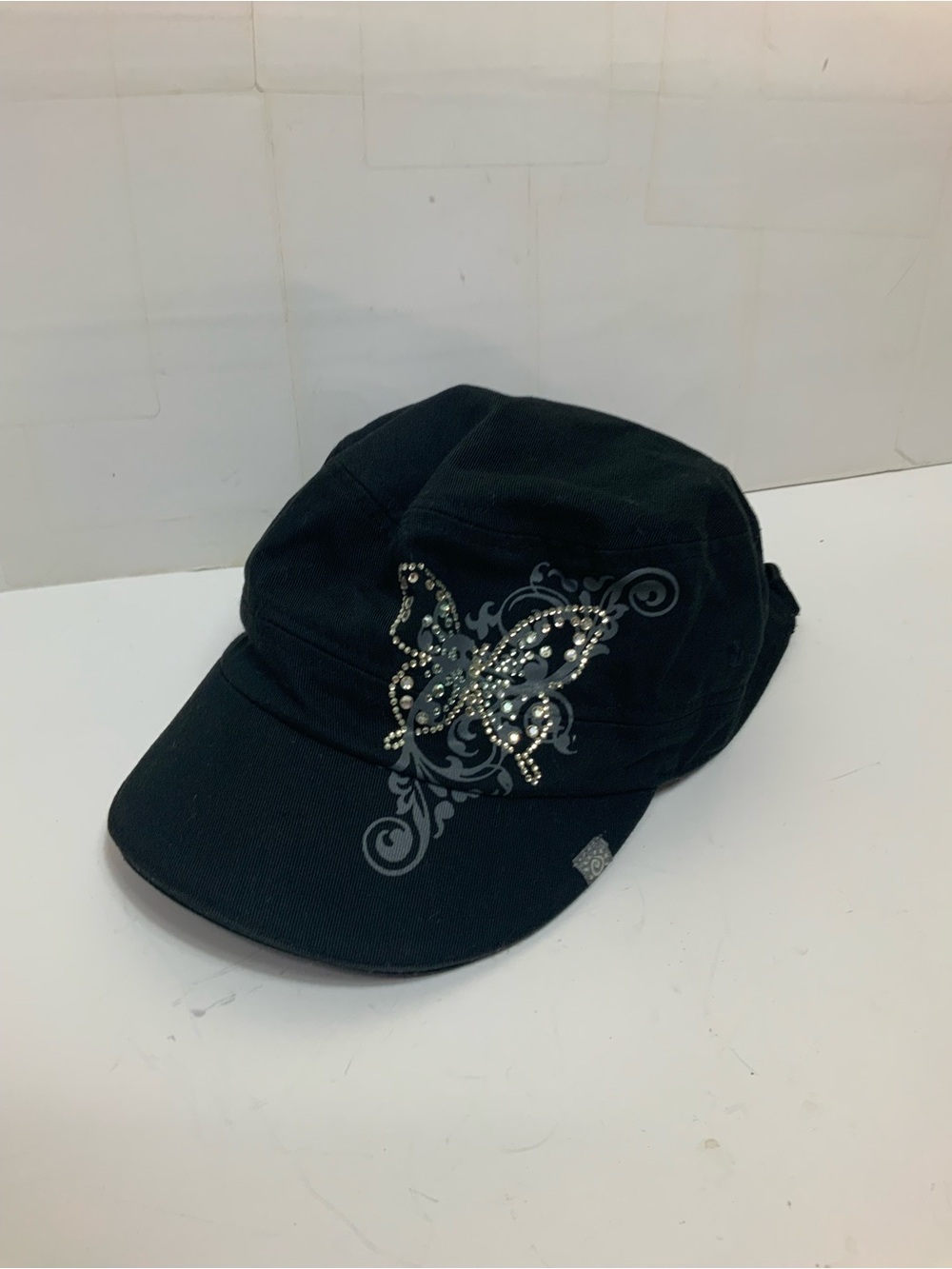 Del Sol Black Cadet Military Hat Women One Size Cotton Rhinestone Butterfly - Picture 3 of 6